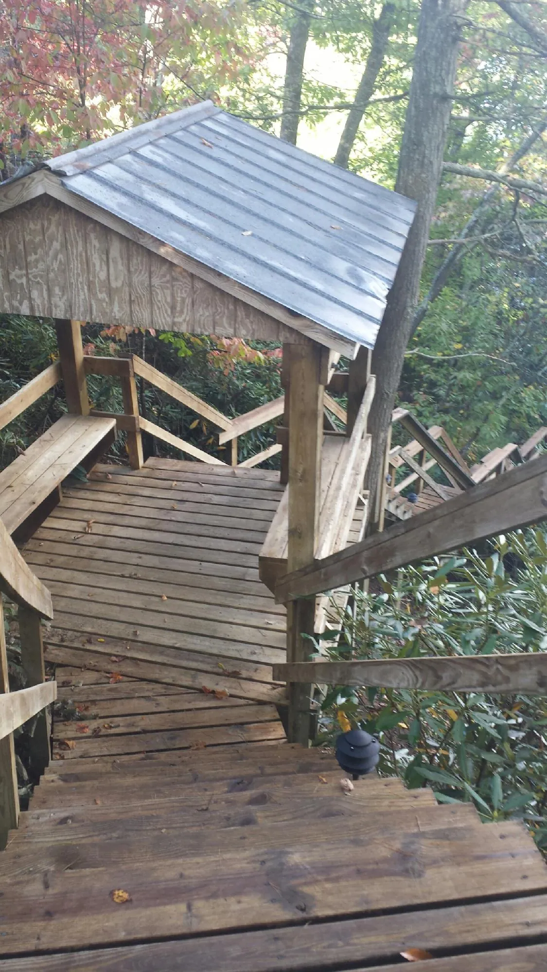 Metal roofed shelter over wooden steps on a wooded walkway — Skylight Repair & Installation work by our crew in Haymarket